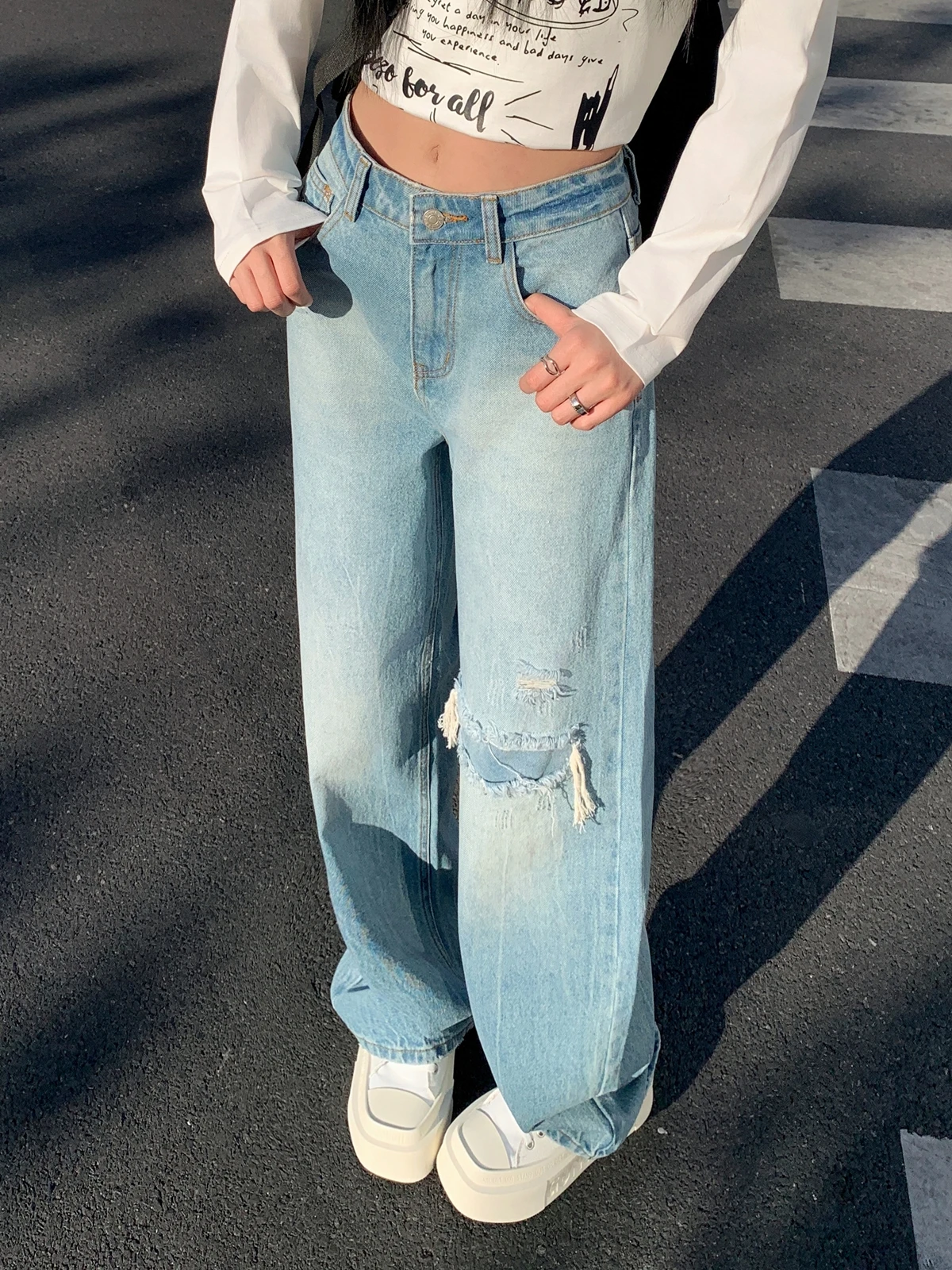 

ZHISILAO New Wide Leg Straight Jeans Women Vintage Hole High Waist Full Length Denim Pants Streetwear Autumn 2024