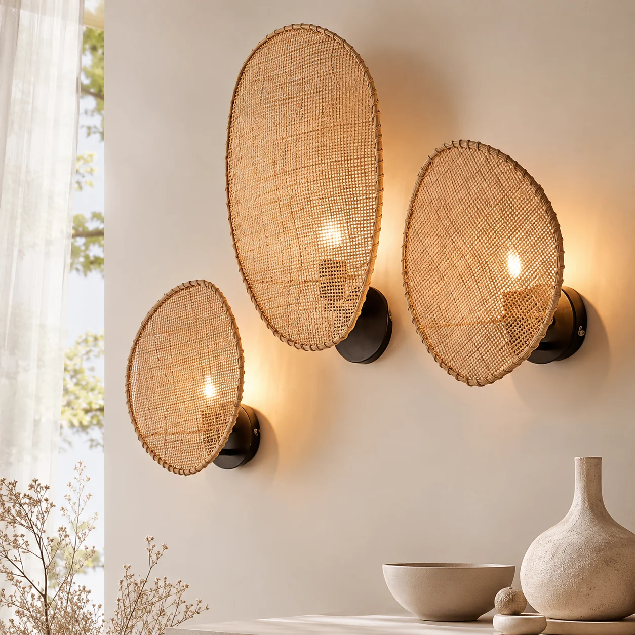 Natural Cane Wall Light Oval Woven Rattan Sconce Boho Handmade Accent Lamp for Bedroom Corridor Decor