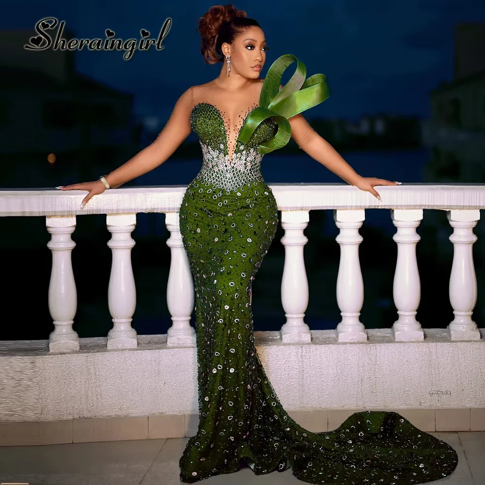 SHERAIN العصرية حجر الراين فساتين لحضور الحفلات الموسيقية حورية البحر طويلة الأكمام ذيل محكمة جلد حتى Vestidos De Noche مهرجان انخفاض الشحن #4