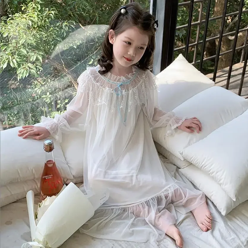 

Girl Long Sleeve Sleep Dress Baby Princess Comfortable Thin Pajamas Children Mesh Lace Home Clothes Kids Nightgown 6-16Y Wz1149