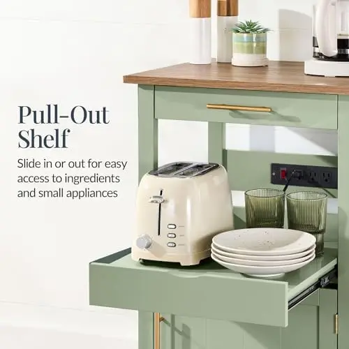 Rolling Kitchen Island Cart, Single Door Cabinet W/Drawer, Sliding Tray, Outlet, Swivel Lockable Wheels, Hooks, Coffee - view 3