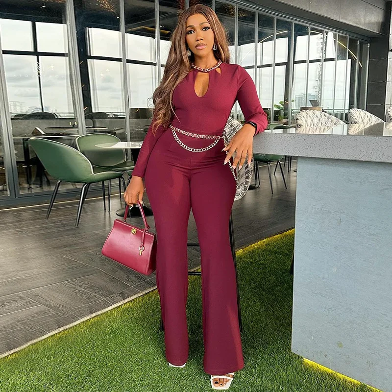 

New temperament hollow long-sleeved slim-fitting high-waisted wide-leg trousers jumpsuit fashionable simple and versatile temper