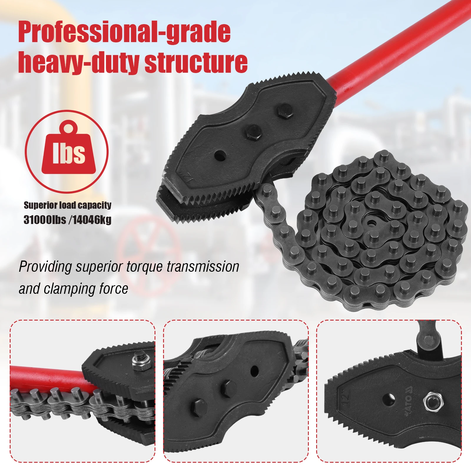 

64-дюймовый цепной трубный ключ для тяжелых условий эксплуатации, регулируемый, подходит для труб диаметром 2-12 дюймов, с цепью длиной 56,7 дюймов, для масляных фильтров