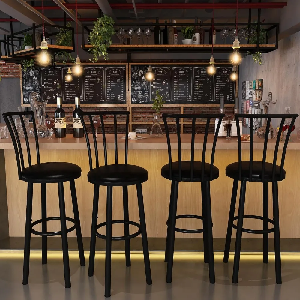 Zestaw 4 stołków barowych o wysokości lady, obrotowe stołki barowe 360° z oparciem i podnóżkiem, nowoczesne krzesła kuchenne na wyspę, krzesła barowe z regulacją wysokości, 27 cali