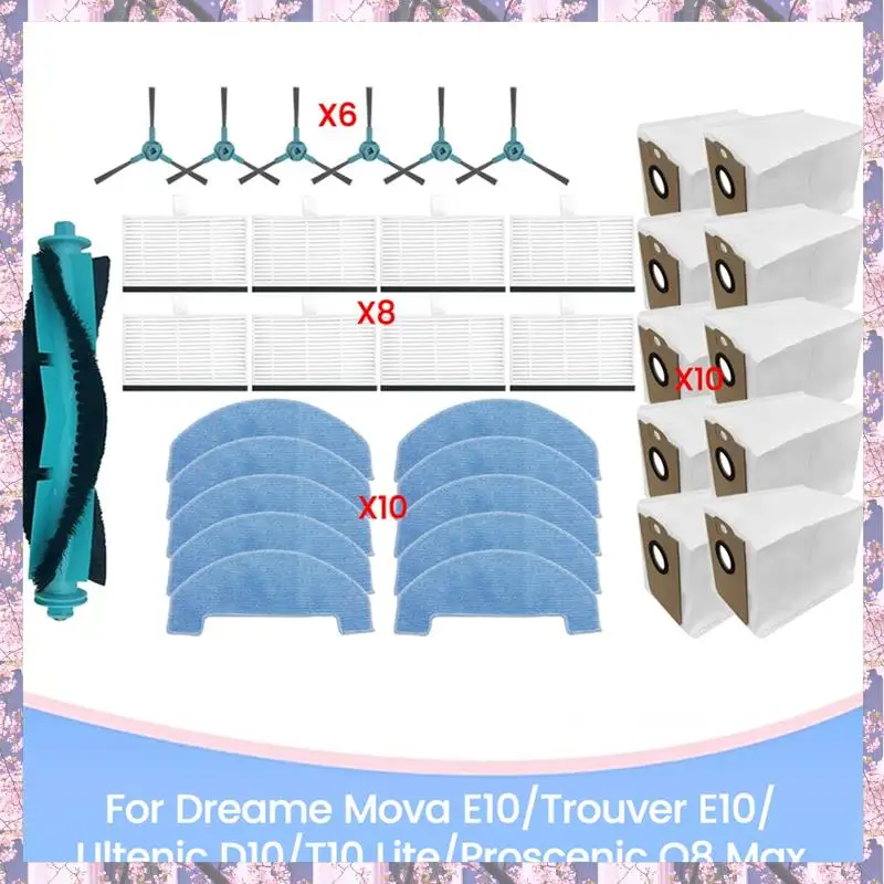 

Новые 35 шт. сменных запчастей для Dreame Mova E10/Trouver E10, Ultenic D10/T10 Lite, Proscenic Q8 Max: щетки, HEPA-фильтры, насадки для влажной уборки, пылесборники
