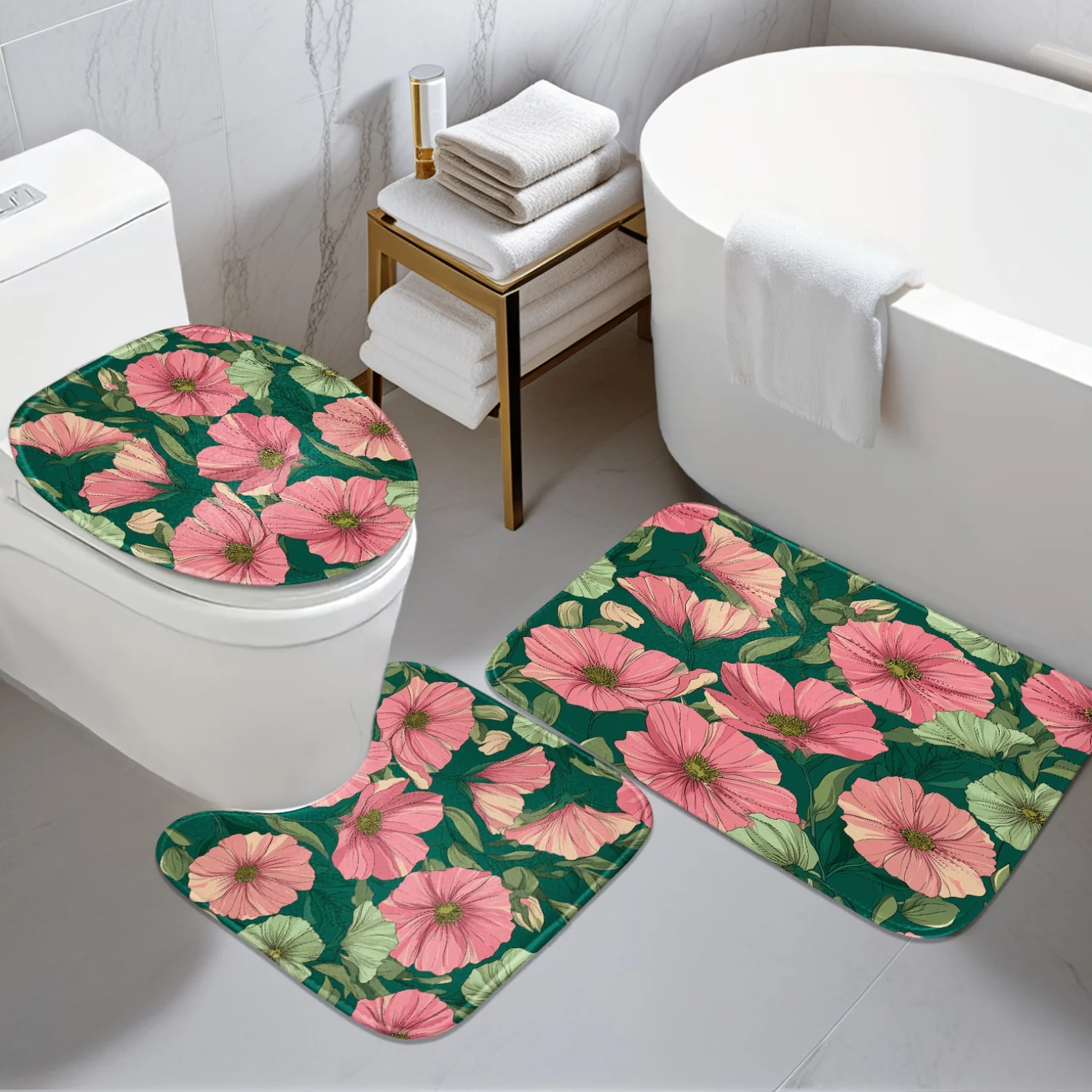 

Bathroom Antislip Mat 3pcs Set Pink Flowers with Green Leaves 2D Flat Design Pattern Digital Printing Includes Antisli