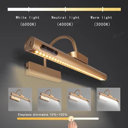 Led Rechargeable Wall Lamp Modern Remote Control 3color Dimming Gold Bathroom Mirror Light Aluminum  Picture Lights for Hotel