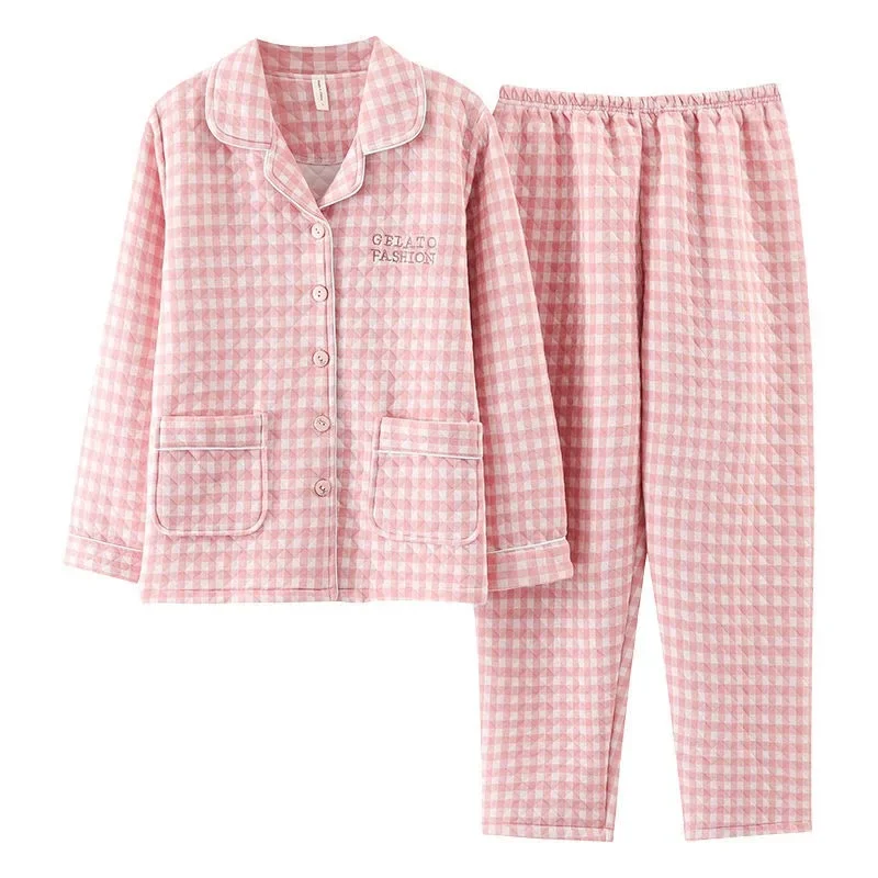 2024 New Autumn Winter Air Knitted Cotton Sandwich Pajamas Female Middle-aged Mother Loungewear Thickened Cotton Warm Homewear