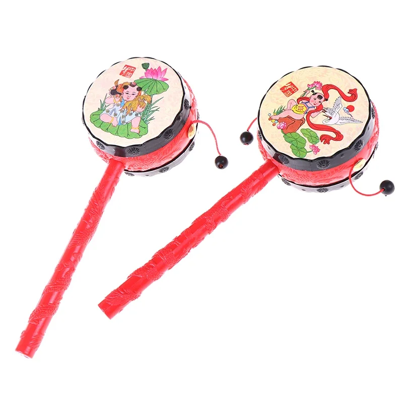 1Pc Chinese Traditionele Spin Speelgoed Rammelaar Drum Cartoon Hand Bell Voor Baby Cadeau Nieuw