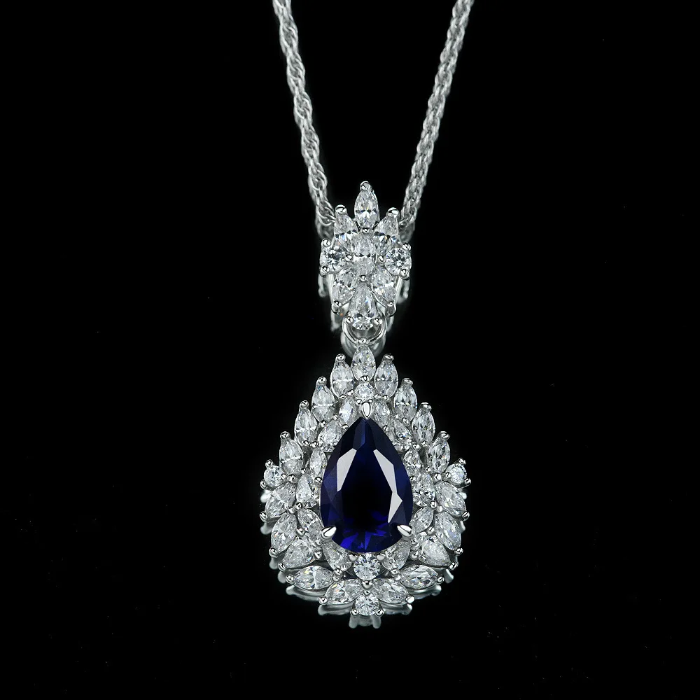 

New S925 Silver 8 * 12 Water Drop 3.5ct Cultivated Sapphire Surrounding White Diamond Shining Chain Long Wedding Jewelry