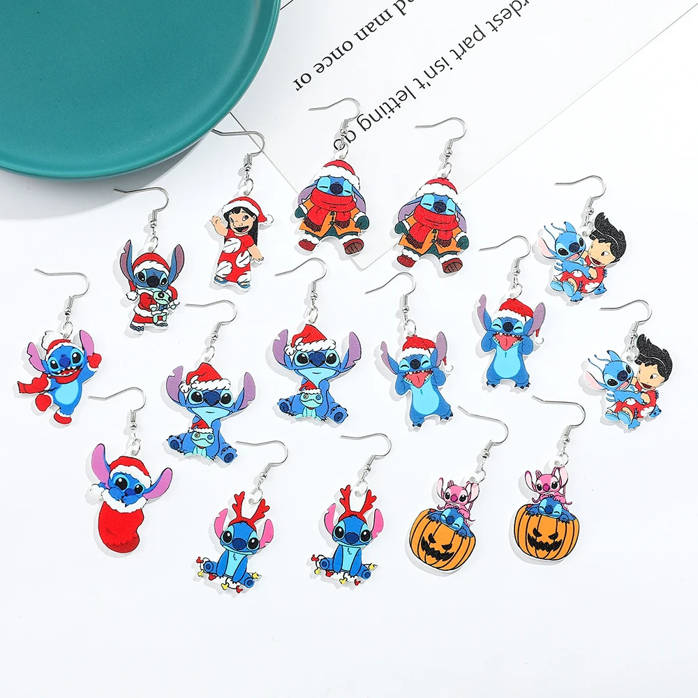 Disney Kawaii Christmas Stitch Earrings Anime Lilo & Stitch Cartoon Figure Stitch Angel Acrylic Badge Pendant Ear Drop Jewelry