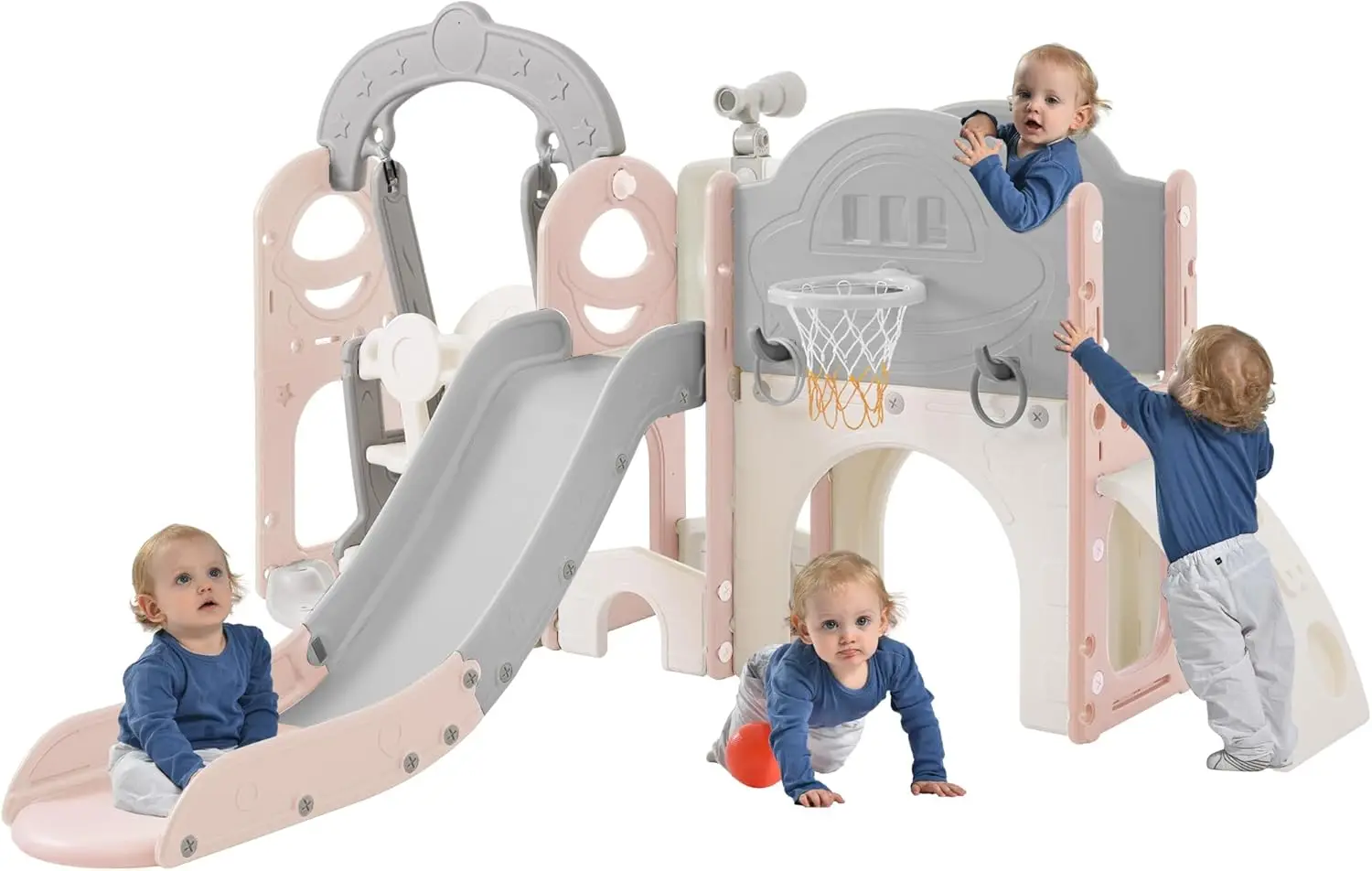 8-in-1 Kids Slide with Climber, Basketball Hoop, Tunnel, Telescope and Storage Space, Outdoor Indoor Slide for Toddlers Age 1+