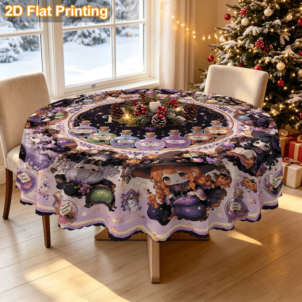Tablecloth Christmas gift 2D flat. 1 piece round Q version witch potion design pattern table cover,