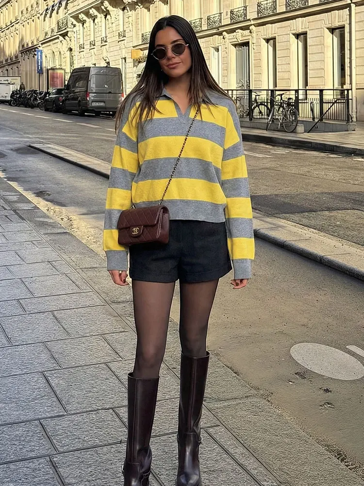 HH Women Casual Striped Sweater Knit Tops Polo Neck Loose Long Sleeve Sweater Pullover Spring Y2K Vintage Fashion Streetwear