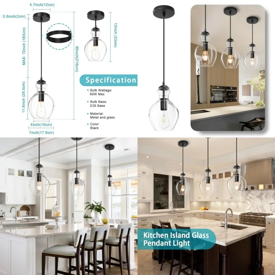 Modern Glass Pendant Lighting for Kitchen Island Kitchen Sink, Farmhouse Black Pendant Light Fixtures 7 Inch 1 Pack, Adjustable