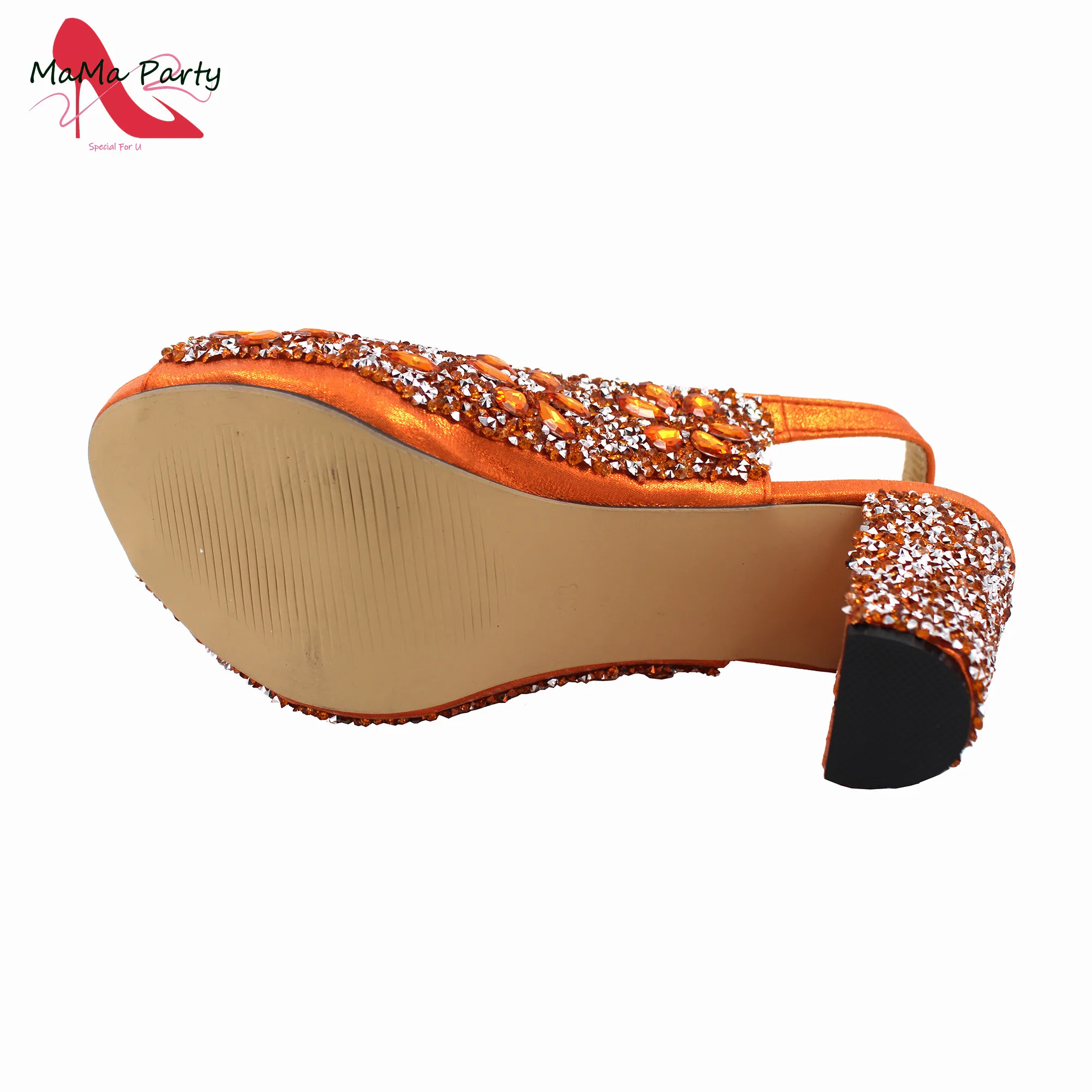 Nigerian Women Shoes and Bag Set in Orange Color 2024 INS Hot Sweet Style Special Design with Shinning Crystal for Wedding Part