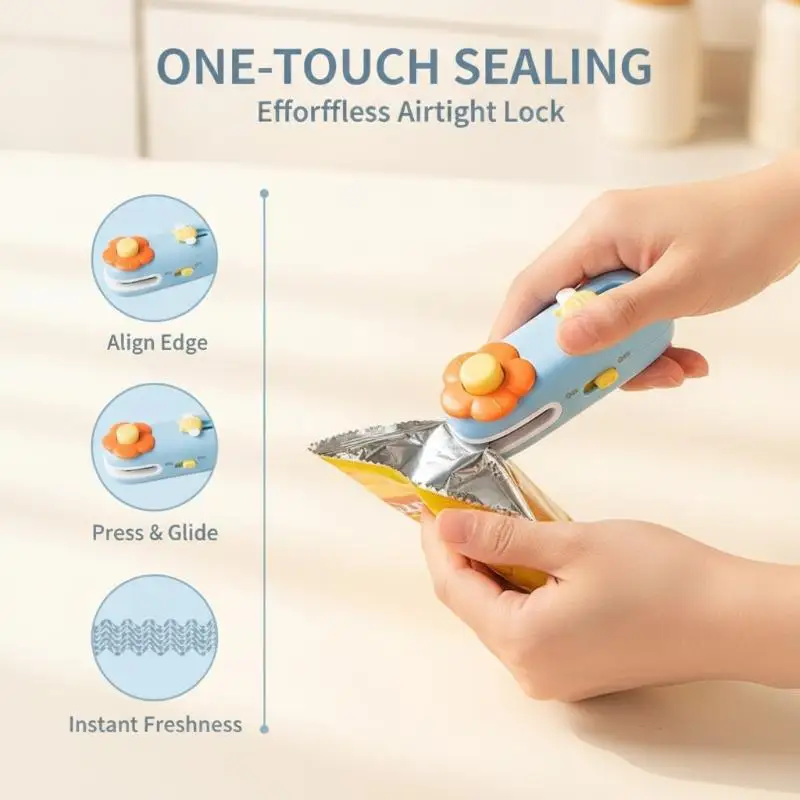 Portable Mini Heat Plastic Bag Sealer Cute Flower Bee Print Sealing Machine for Snack Bags Food Storage Daily Use