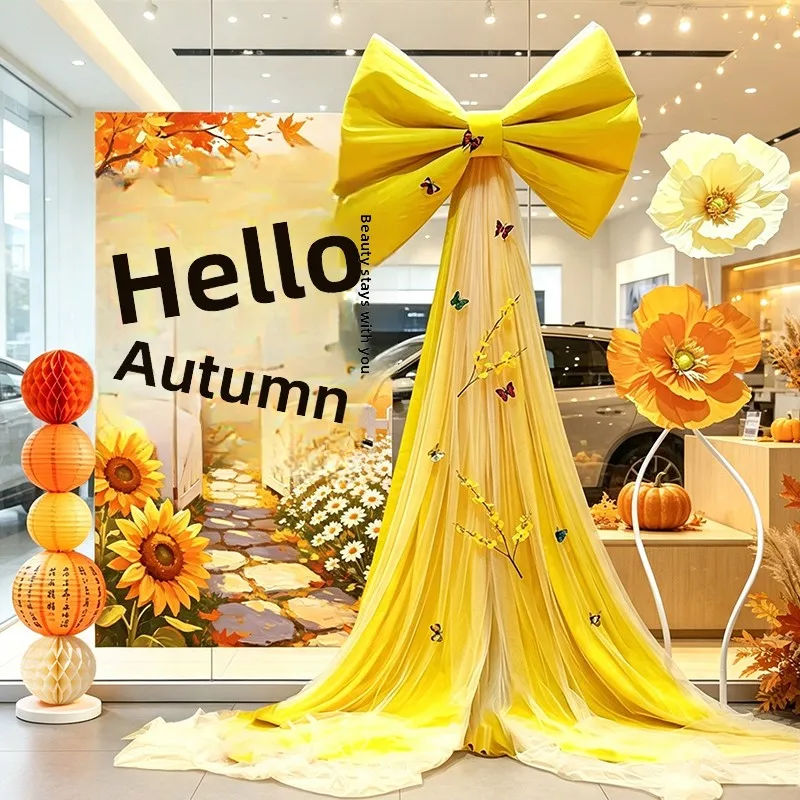 hello-autumn-large-yellow-bowtie-ornament-shop-jewelry-store-window-display-beautiful-decoration-banner-hanging-cloth
