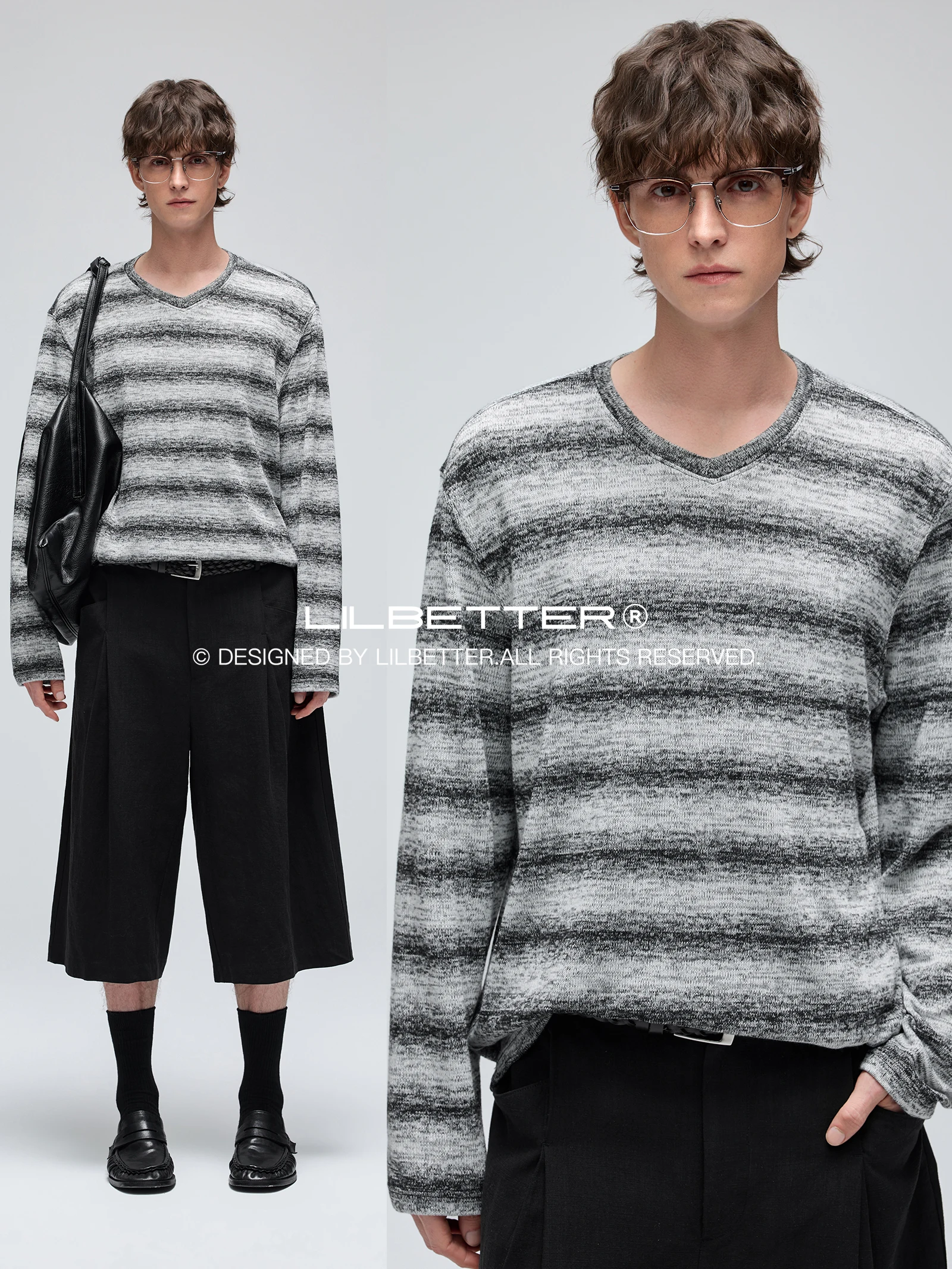 Lilbetter Gradient Color Block Knitted Long Sleeve T-Shirt Casual Loose Fit V-Neck Pullover Top for Young Men And Women
