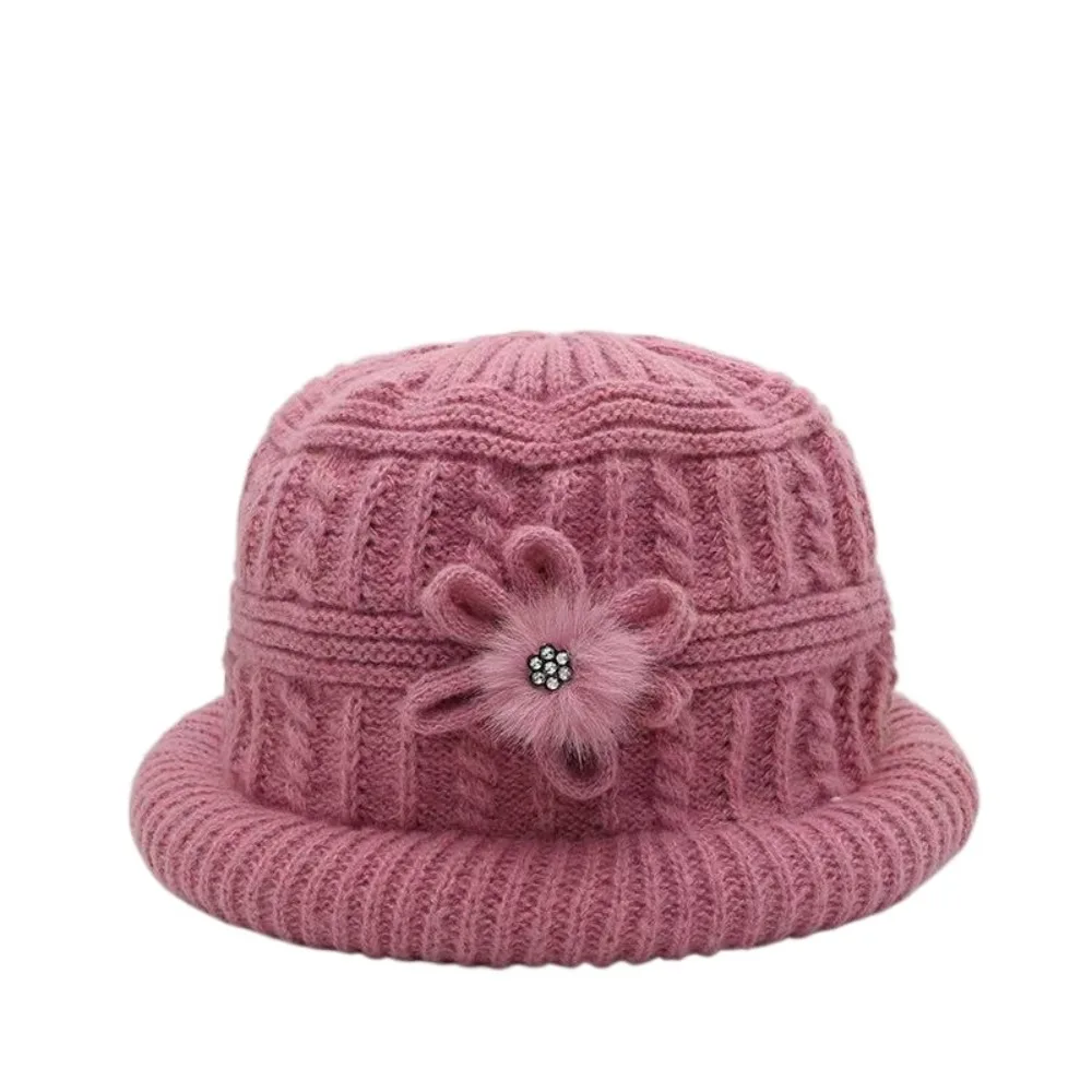 

Casual Flower Floral Knitted Bucket Hat Handmade Crochet Woolen Hat Plush Thickened Warm Fisherman Hat Girls