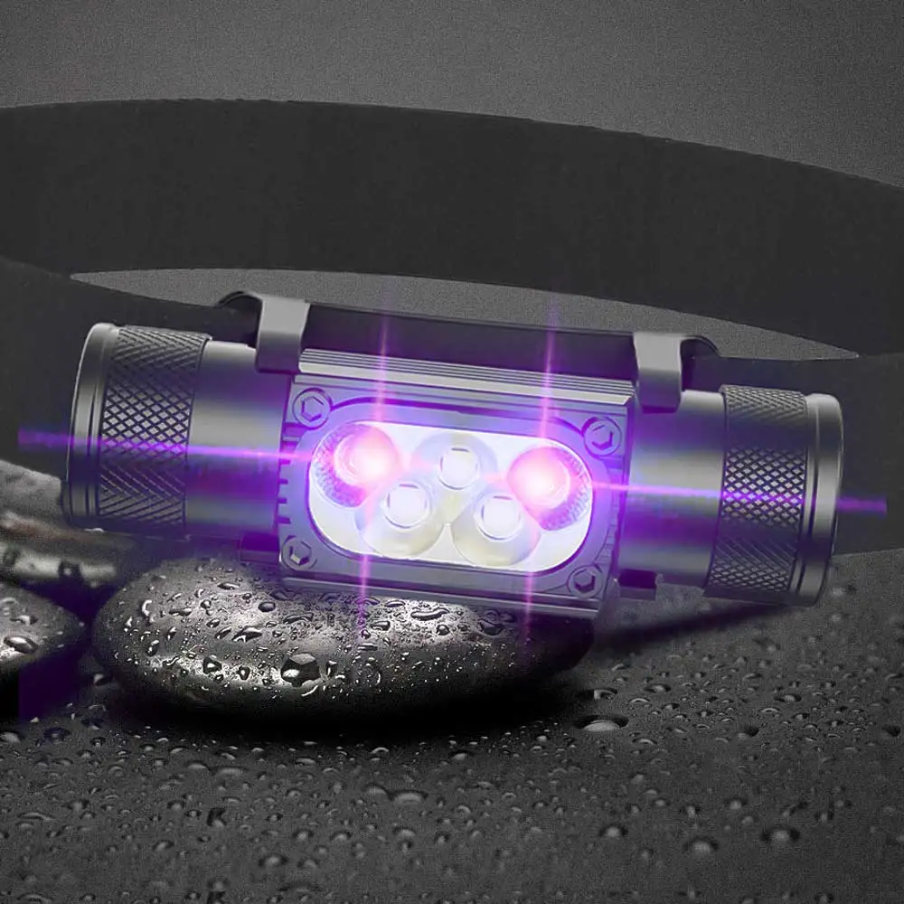 LED Mini Headlamp UV 395nm Power White Purple Headlight Use 18650 Rechargeable USB Type-C Torch Camping Hunting Flashlight Lamp