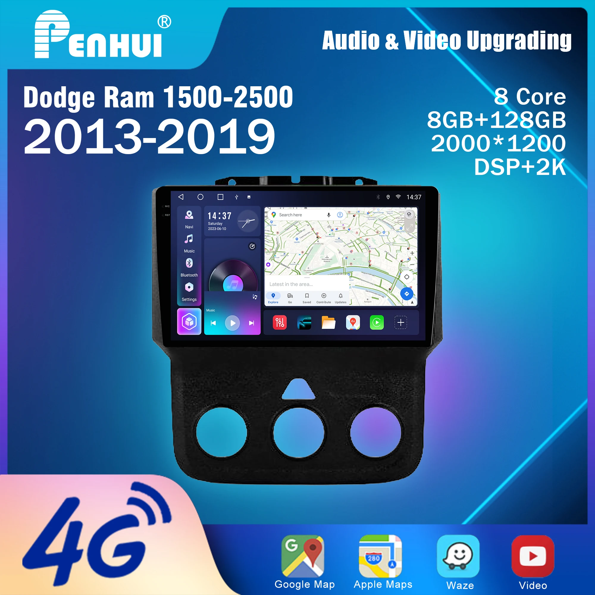 Penhui Android Car DVD Player 2 Din for Dodge Ram 1500-2500 2013-2019 Multimedia Screen with DSP, Bluetooth, Audio & CarPlay