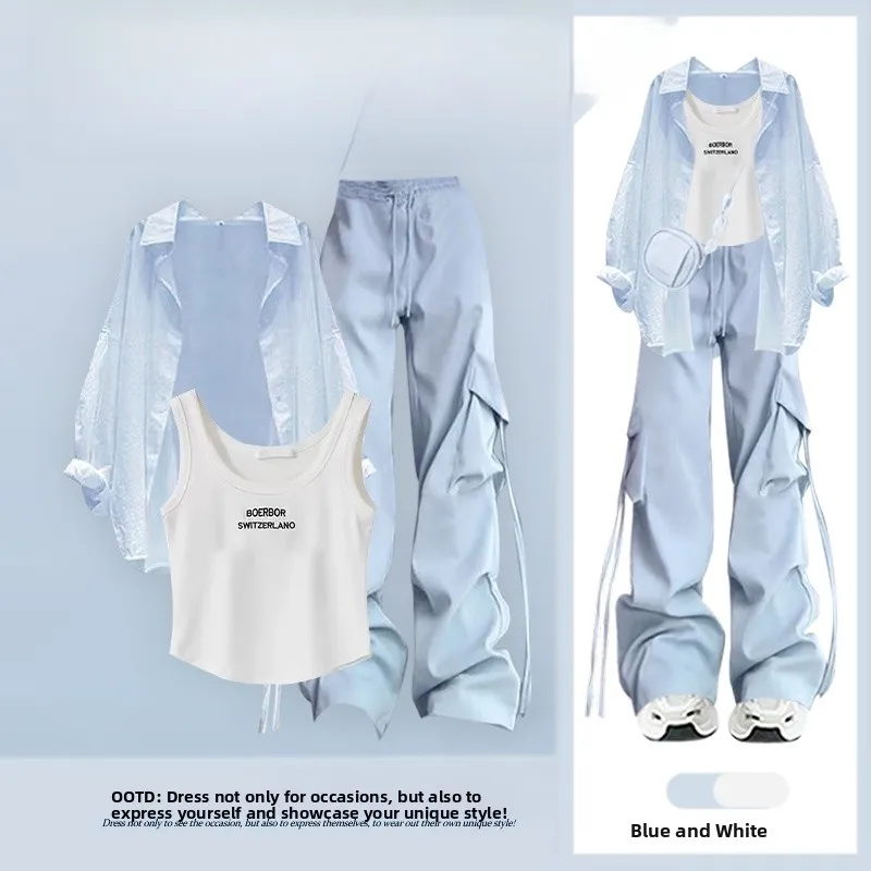 

Summer Vintage Strap Vest Women's Shirt Lightweight Sun Protection Blue Work Pants High Waist Wide Leg Casual Sports Pants