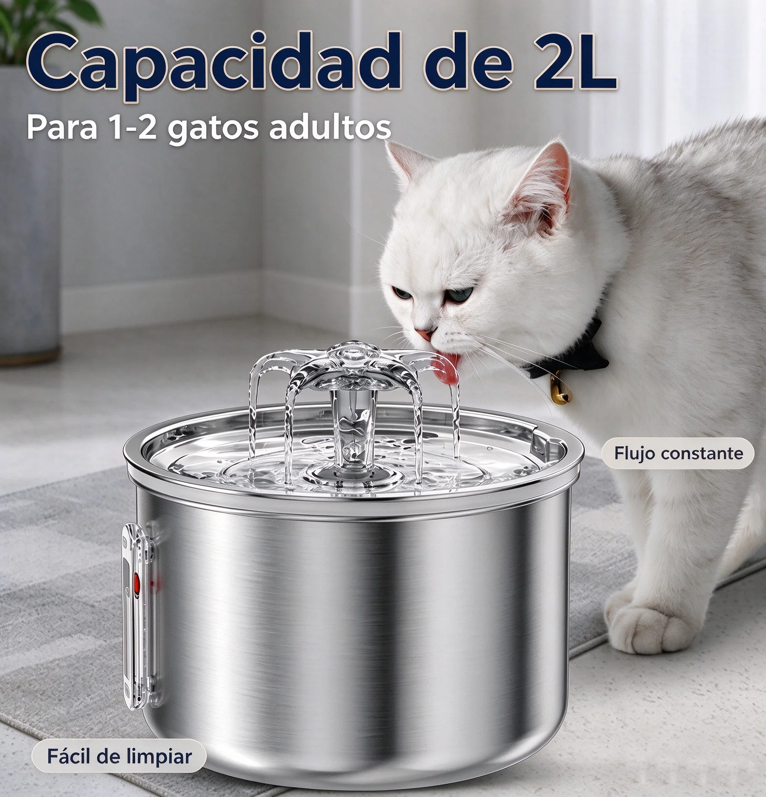 Fuente de Agua para Gatos Acero Inoxidable 2L Bebedero Automático Silencioso con Filtro Ventana Nivel Agua para Mascotas