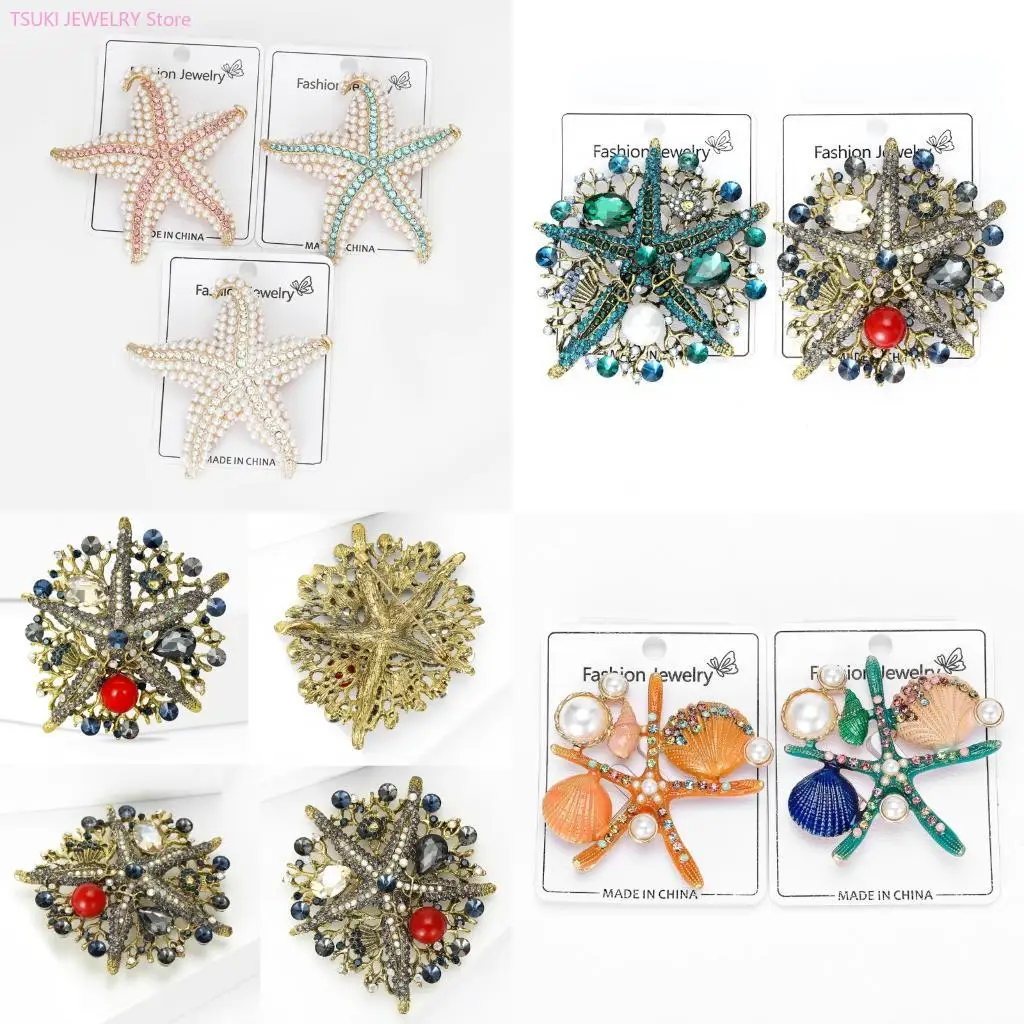 62KE Glamourous Sea Star Pin Adorned With Rhinestones Stone Studded Brooch Suitable For Various Occasions And Styles