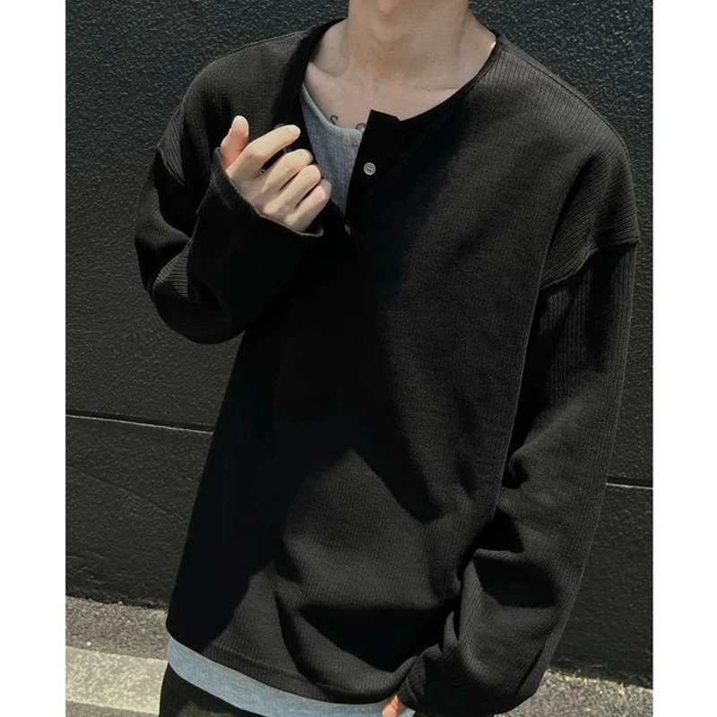 Men Henley Long Sleeve T Shirt Spring Fake Two Piece Fashion Casual Harajuku Basic Oversized All-match Clothing Daily Black Grey