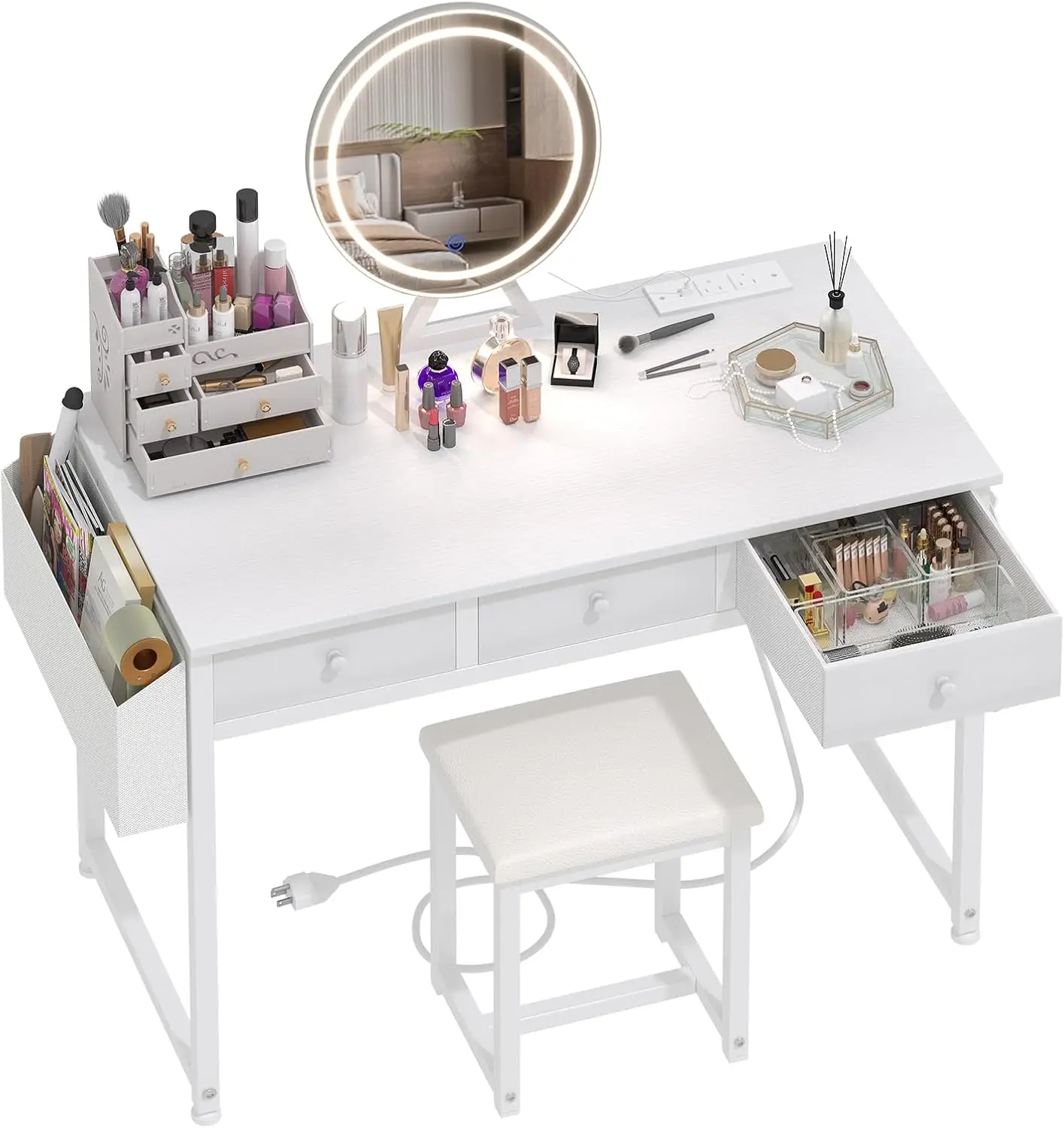 

White Makeup Vanity Desk with Mirror and Lights, 40 inch Make Up Vanity Desks with Fabric Drawers & Power Outlet, Dressing Table