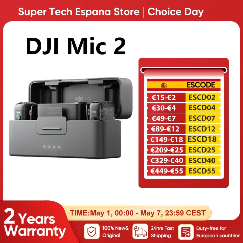 Microphone sans fil DJI Mic 2 avec suppression intelligente du bruit, enregistrement interne 32 bits flottant, son optimisé, portée de 250 m