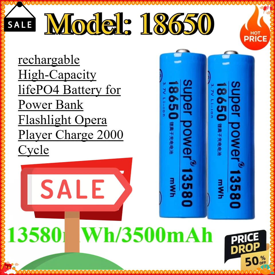 18650 3.7V 3500mAh rechargeable high-capacity LiFePO4 battery, ideal for power banks, flashlights and portable music players