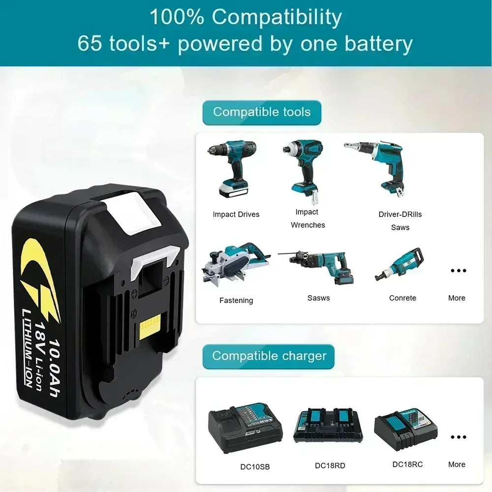 18V 10Ah Replacement Battery for Makita BL1860 BL1850 BL1840 BL1830 BL1815 Cordless Power Tools Rechargeable Li Ion Battery Pack