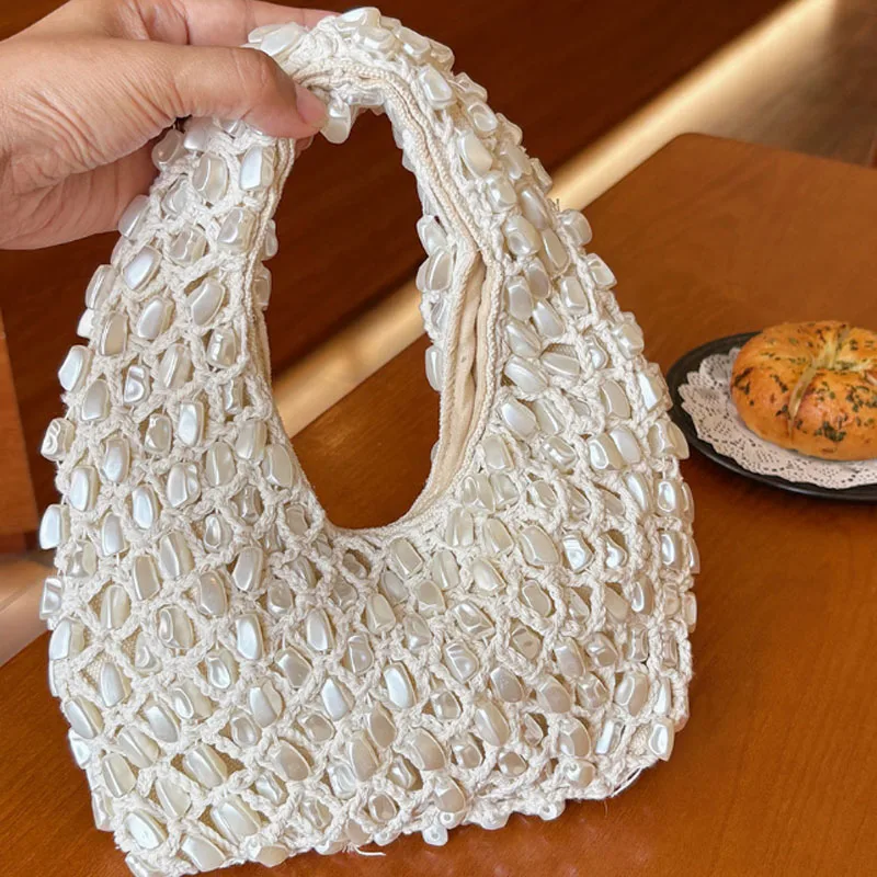Fashion Hollow Design Women's Bag High-Quality Hand Woven Bead Commuting Casual Armpit Bag Lady Handbag Female Purse