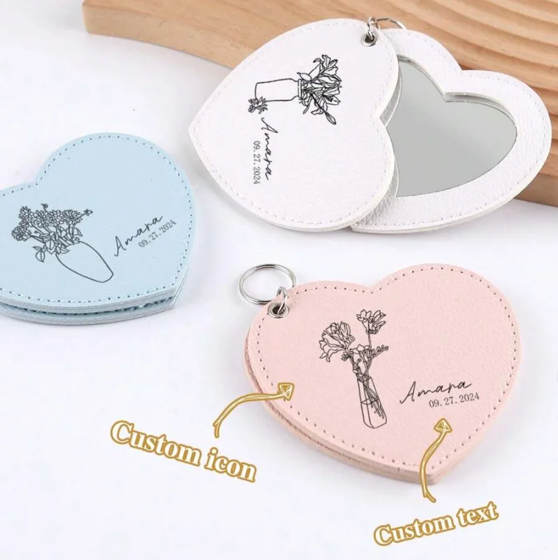 Personalised PU makeup mirror keychain, multiple options, custom text and icon keychains, unique personalized gift
