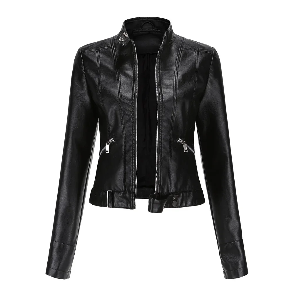 New Short Thin Leather Jacket Women's Stand Collar Spring Autumn Fashionable Ladies' Leather Coat Lightweight Padded