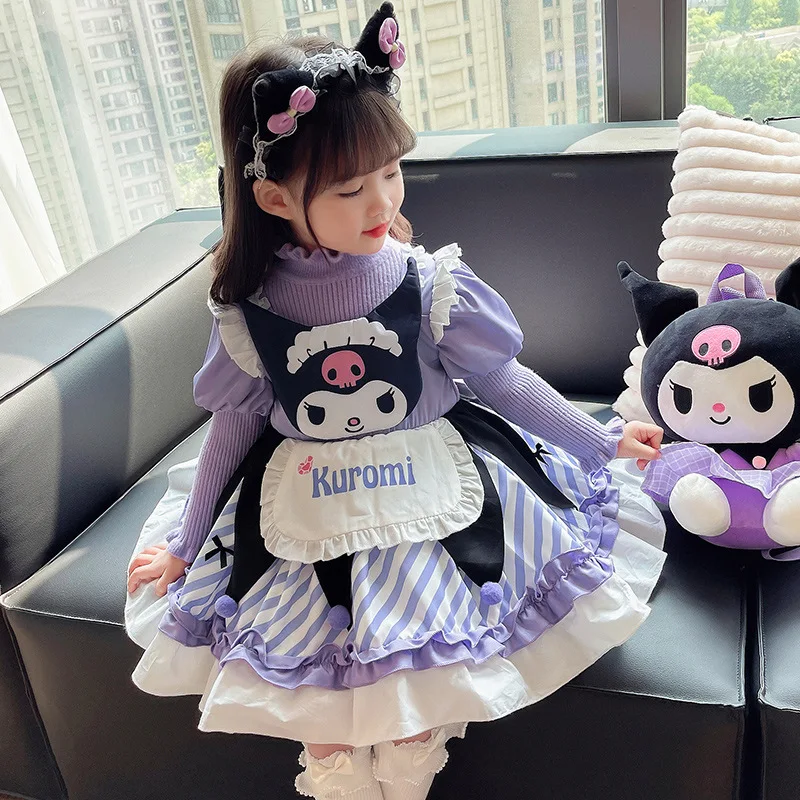 Cartoon Kuromi Lolita Girls Princess Dress Kawaii Sweater Skirt Thickening Autumn Winter Princess Role Play Dress Kids Halloween