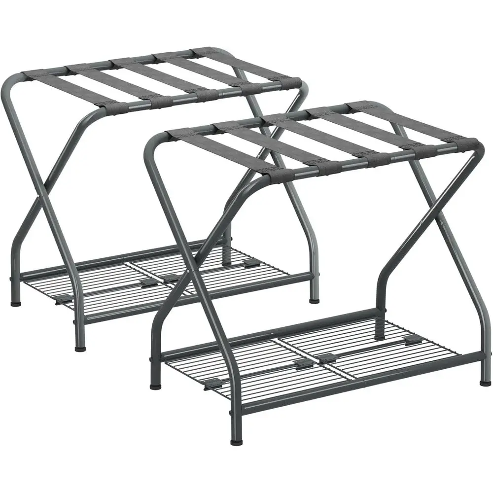 

Luggage Rack, Set of 2, Suitcase Stand with Storage Shelf, Foldable Metal Luggage Holder for Guest Room, Bedroom, Hotel LR-GY-2