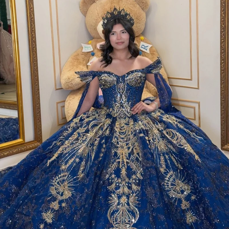 

Shiny Dark Blue Quinceanera Dresses Off the Shoulder Golden Sequins Crystal Decal Long tail Bow Vestidoe 15 Quinceanera Customiz