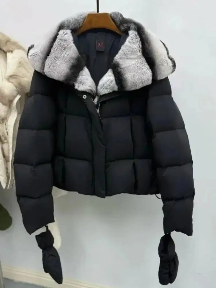 

Rabbit Coat Goose New Autumn Winter Warm Women Down Gloves Clothes Short Thick Real Fur Jacket Lady