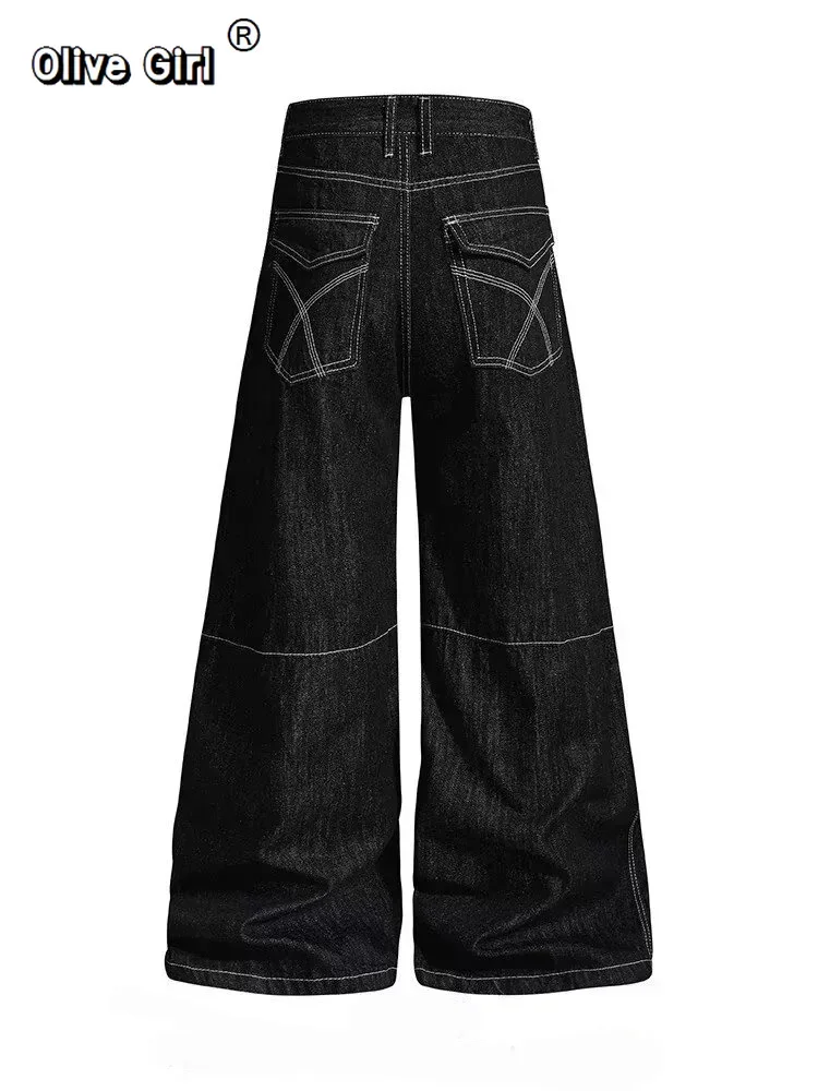 Olivegirl 2026 Women's Jeans Trousers Women Straight Trousers Gothic Y2K American Patchwork Rivet Design Black Loose Streetwear