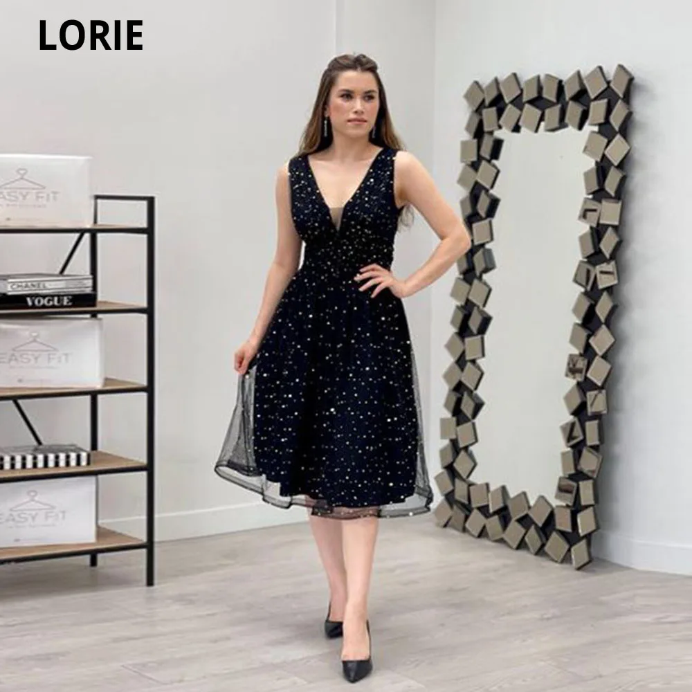 

LORIE Glitter Tulle Beach Prom Dresses Tea Length V-neck Backless Dubai Women Evening Gowns Formal Party Gown Vestidos De Noche