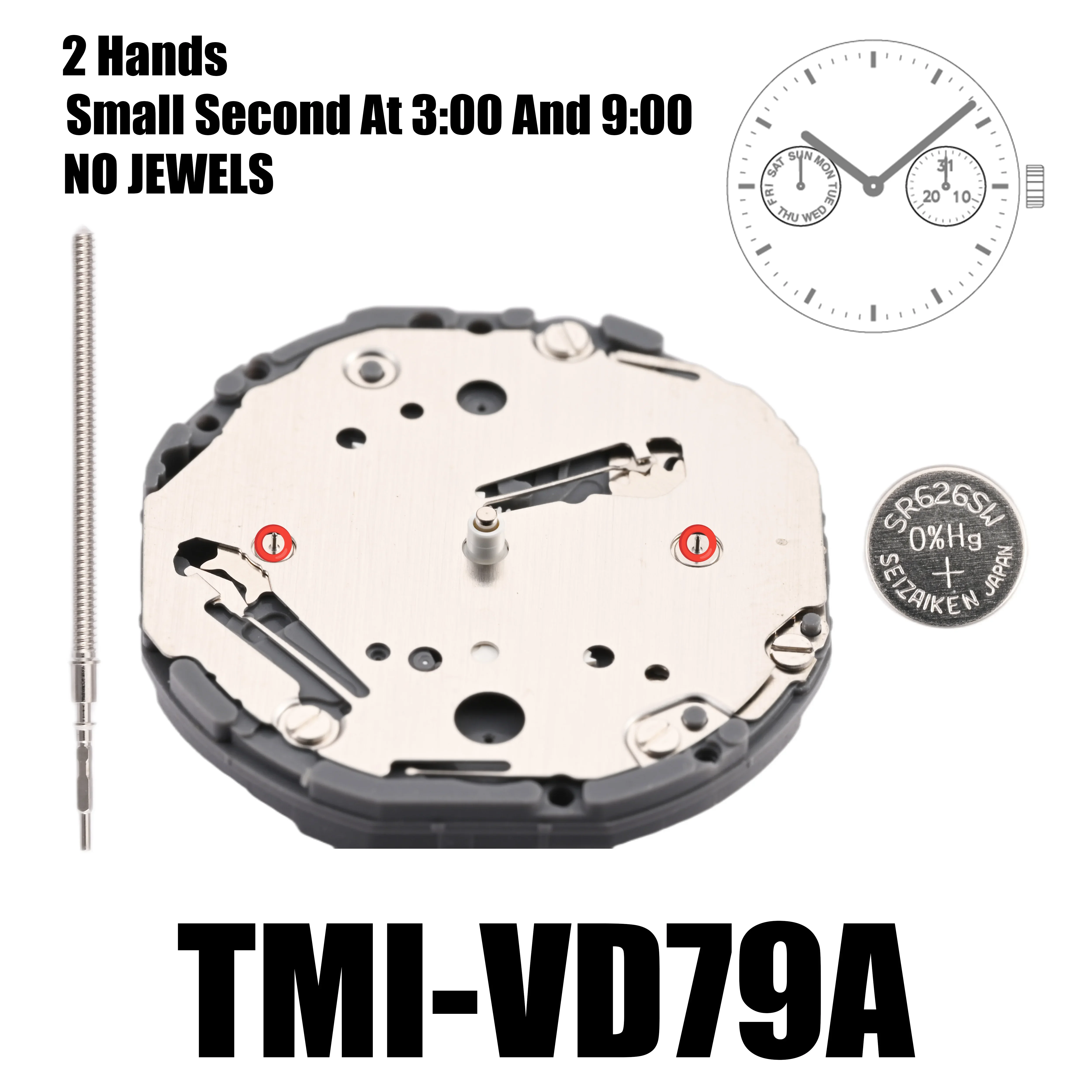 VD79 Movement Tmi VD79 Movement 2 Hands Multi-eye Movement Multi-eye (day, date, 24 hr, small sec) Size: 10 ½‴  Height: 3.45mm