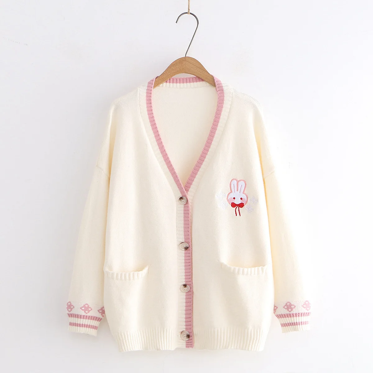 New Autumn Cotton Long Sleeve Sweater, Women V Neck Sweet Rabbit Tops, Mori Girl Loose Commute Warm Cardigan, Winter C49941CC