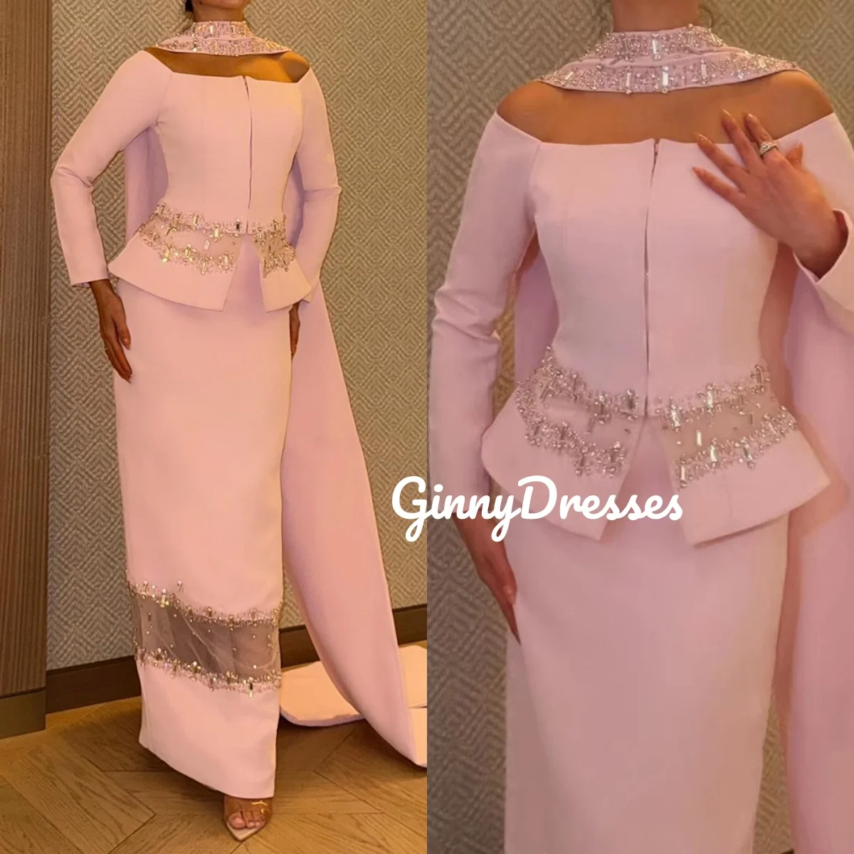 

Column Beaded Customize Wedding Party Dress Off-The-Shoulder Floor-Length Dresses For Prom Zipper Up Long Sleeves Vestidos De Fe