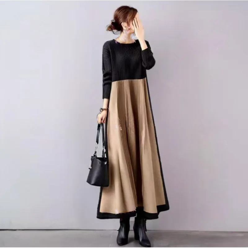 Vestido adelgazante de punto de manga larga con cuello levantado y bloques de Color, vestido elegante de corte A por debajo de la rodilla de estilo japonés