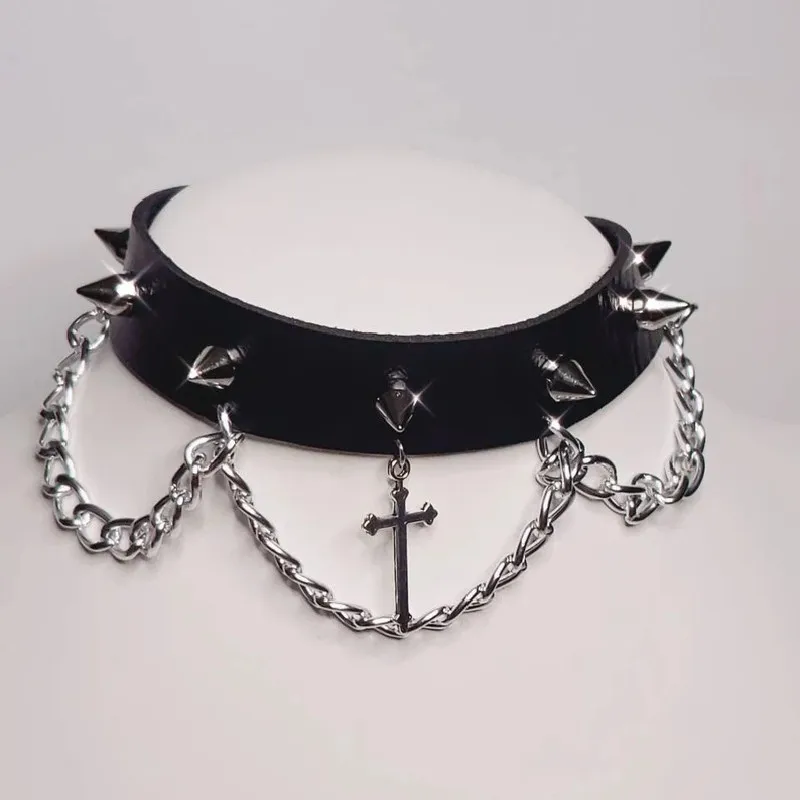 Goth Choker with Silver colour Cross with Punk Gorgeous Alternative Jewellery Pendant Necklace Wide Charm Women Gift Harajuku