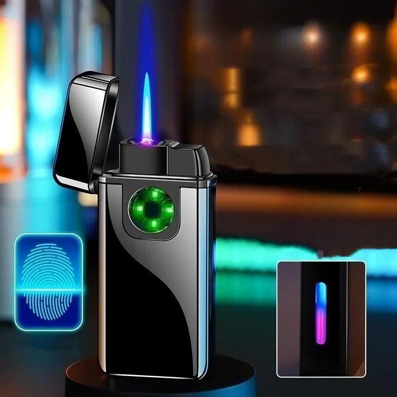

Double Arc Outdoor Windproof Direct Flame Gas Electric Lighter LED Power Display Visible Gas Window Fingerprint Sensor Lighter
