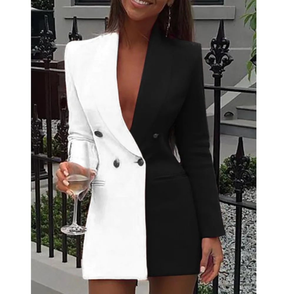 

Women's Blazers Dress Contrast Color Long Sleeve Splicing OL Business Suit Jacket Long Colorful Blazer Jacket For Ladies Coats